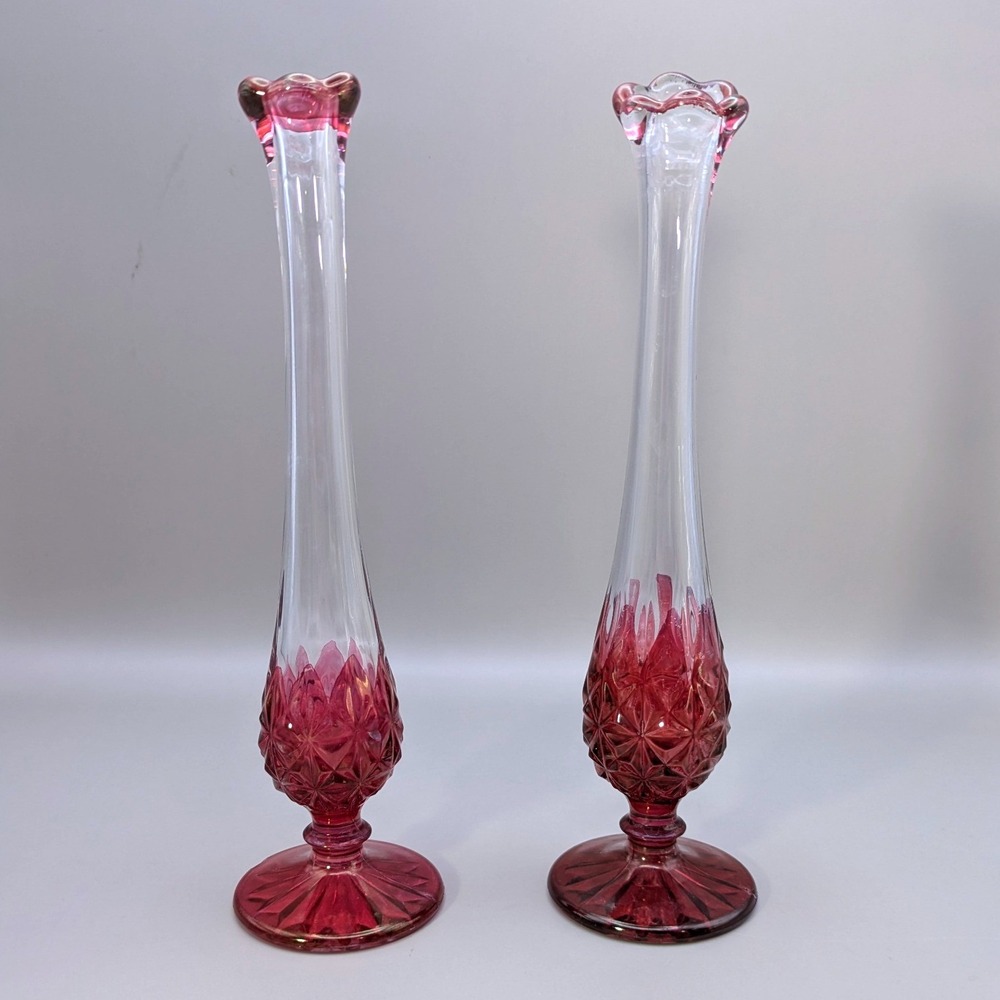 Vintage Cranberry Red Clear Glass Bud Vases Diamond Pattern 9 Inch Set of 2